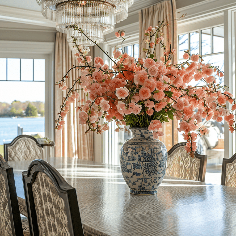 Pantones Color of the Year - Peach Fuzz 13-1023 - dining room peach fuzz floral arrangement in traditional vase