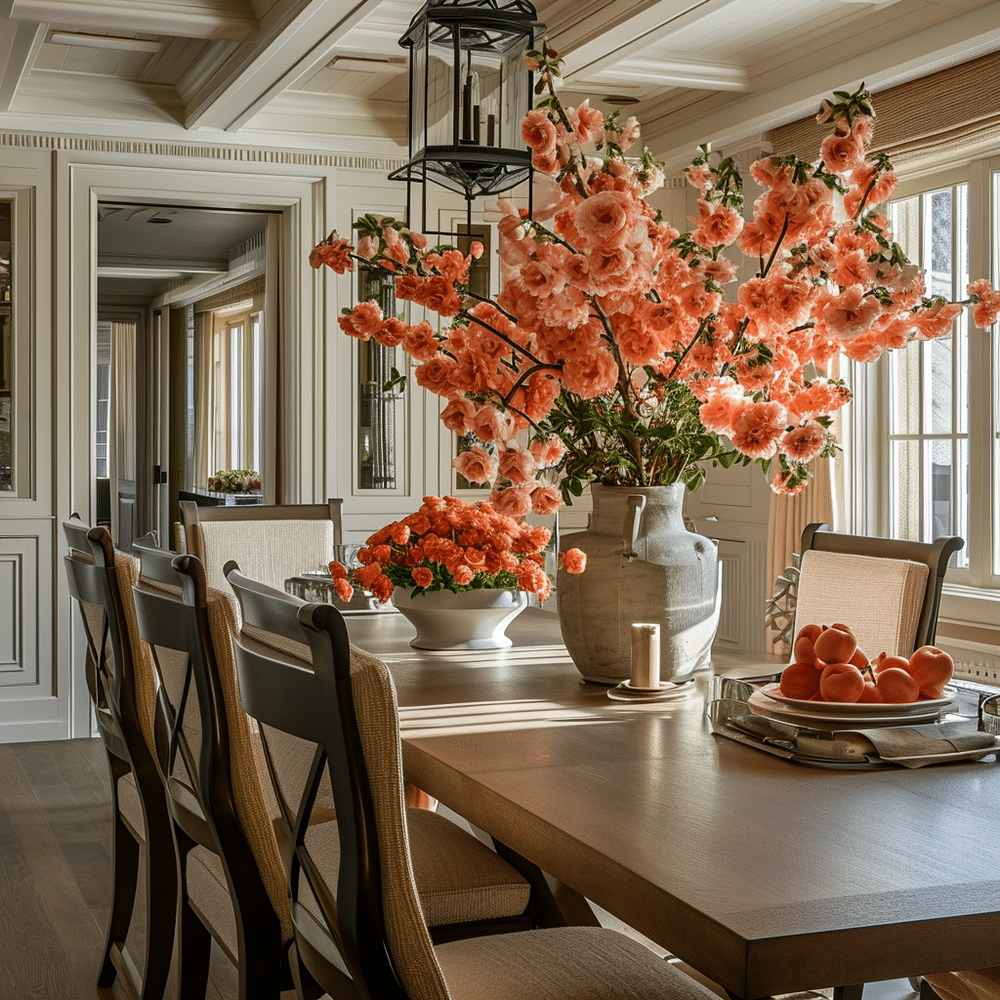 Pantones Color of the Year - Peach Fuzz 13-1023 - dining room with peach fuzz floral arranagement