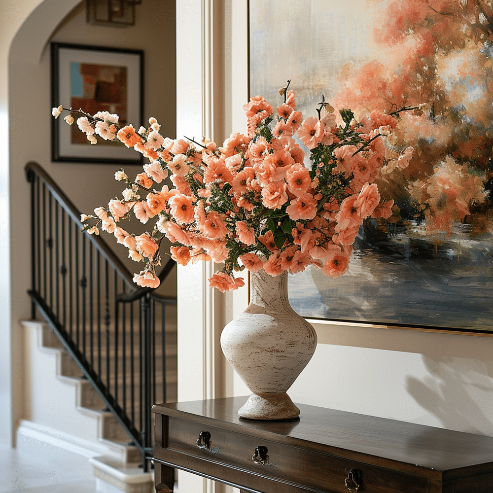 Pantones Color of the Year - Peach Fuzz 13-1023 - entryway floral arrangement with peach fuzz