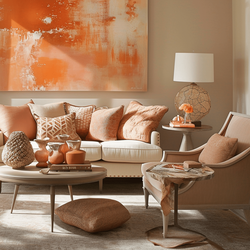 Pantones Color of the Year - Peach Fuzz 13-1023 - Living Room example with lots of Peach Fuzz