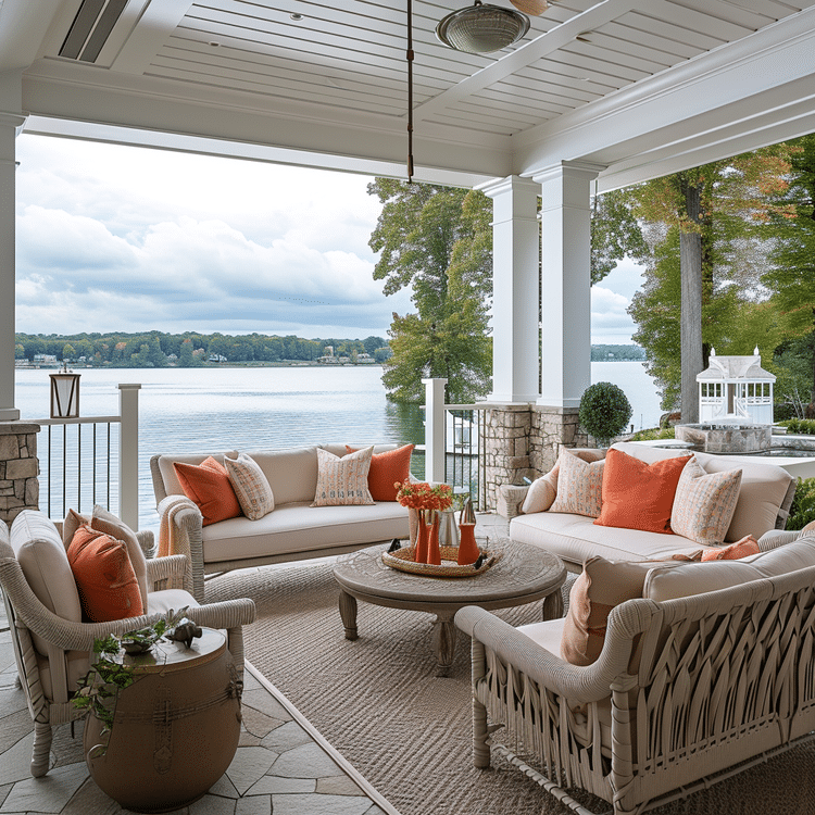 Pantones Color of the Year - Peach Fuzz 13-1023 - outdoor living on a lake with peach fuzz accent pillow highlights