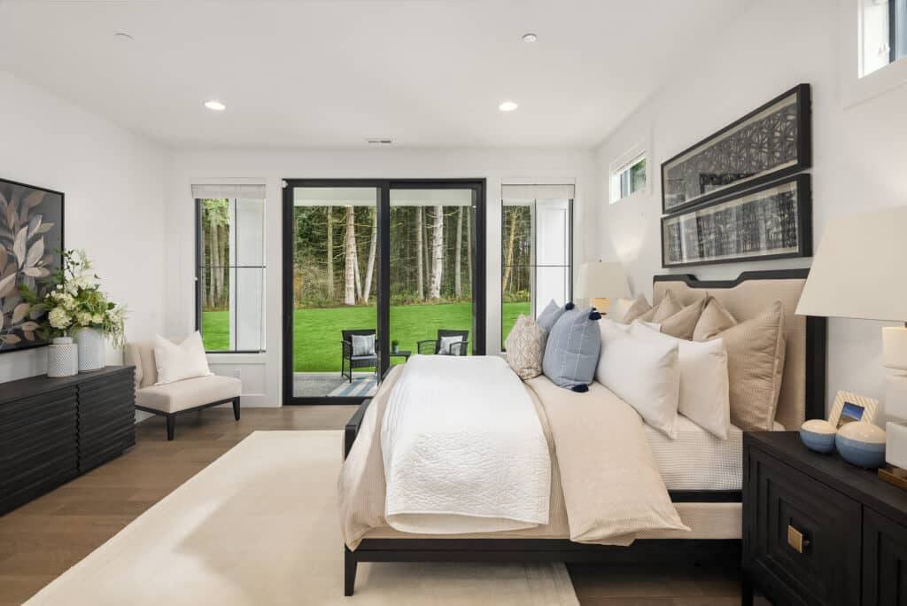 Modern bedroom with outdoor garden view