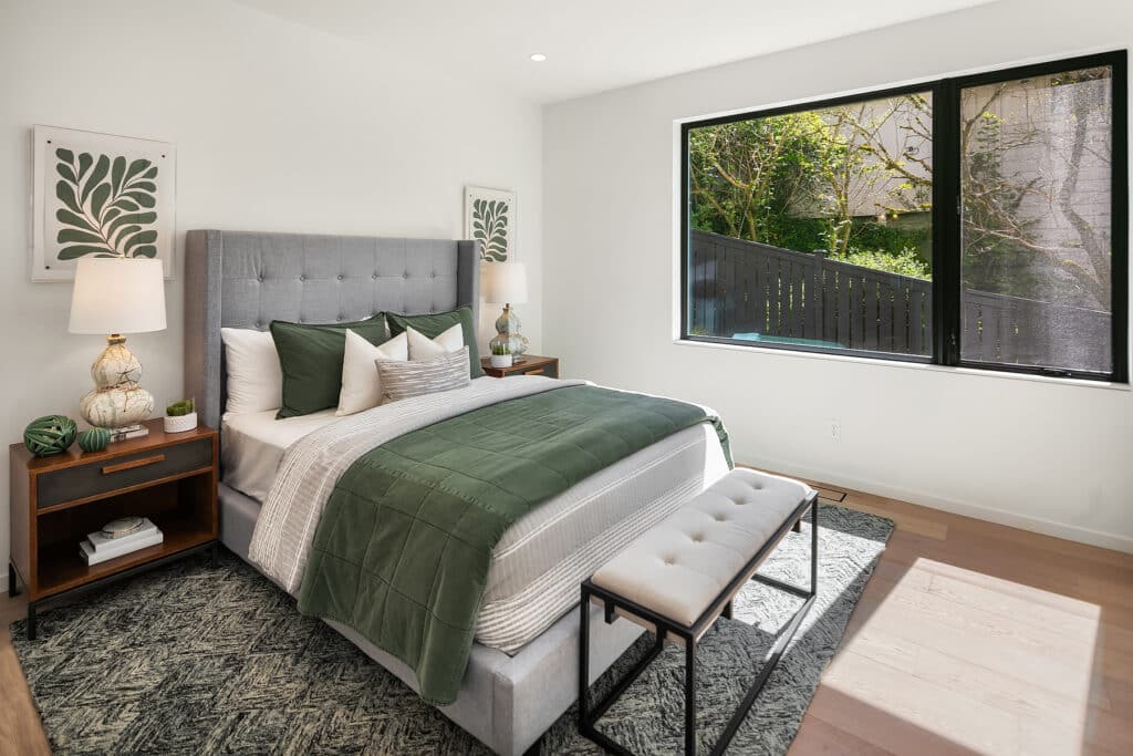 Modern bedroom with green and gray decor